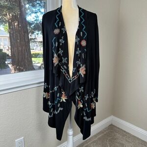 Caite Anthropologie Karina Embroidered Floral Waterfall Cardigan Womens M Boho